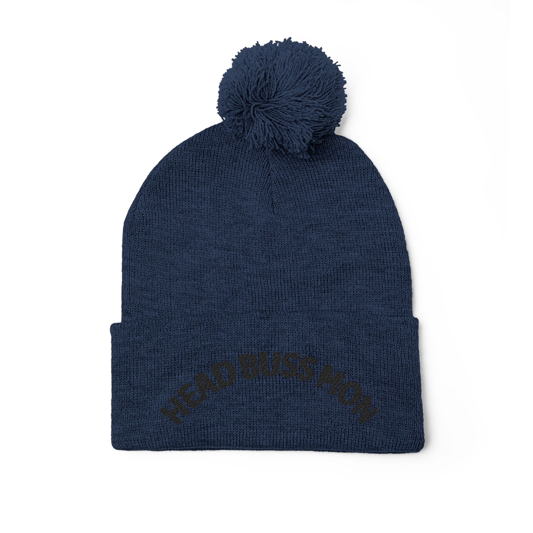 Embroidered Curved Text Pom-Pom Knit Cap | Head Buss Mon meaning - greatness , nothing esle compare - Image 40