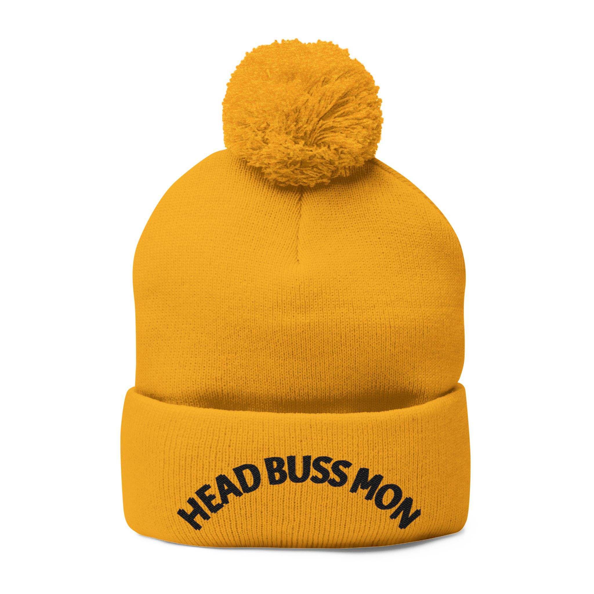 Embroidered Curved Text Pom-Pom Knit Cap | Head Buss Mon meaning - greatness , nothing esle compare - Image 10
