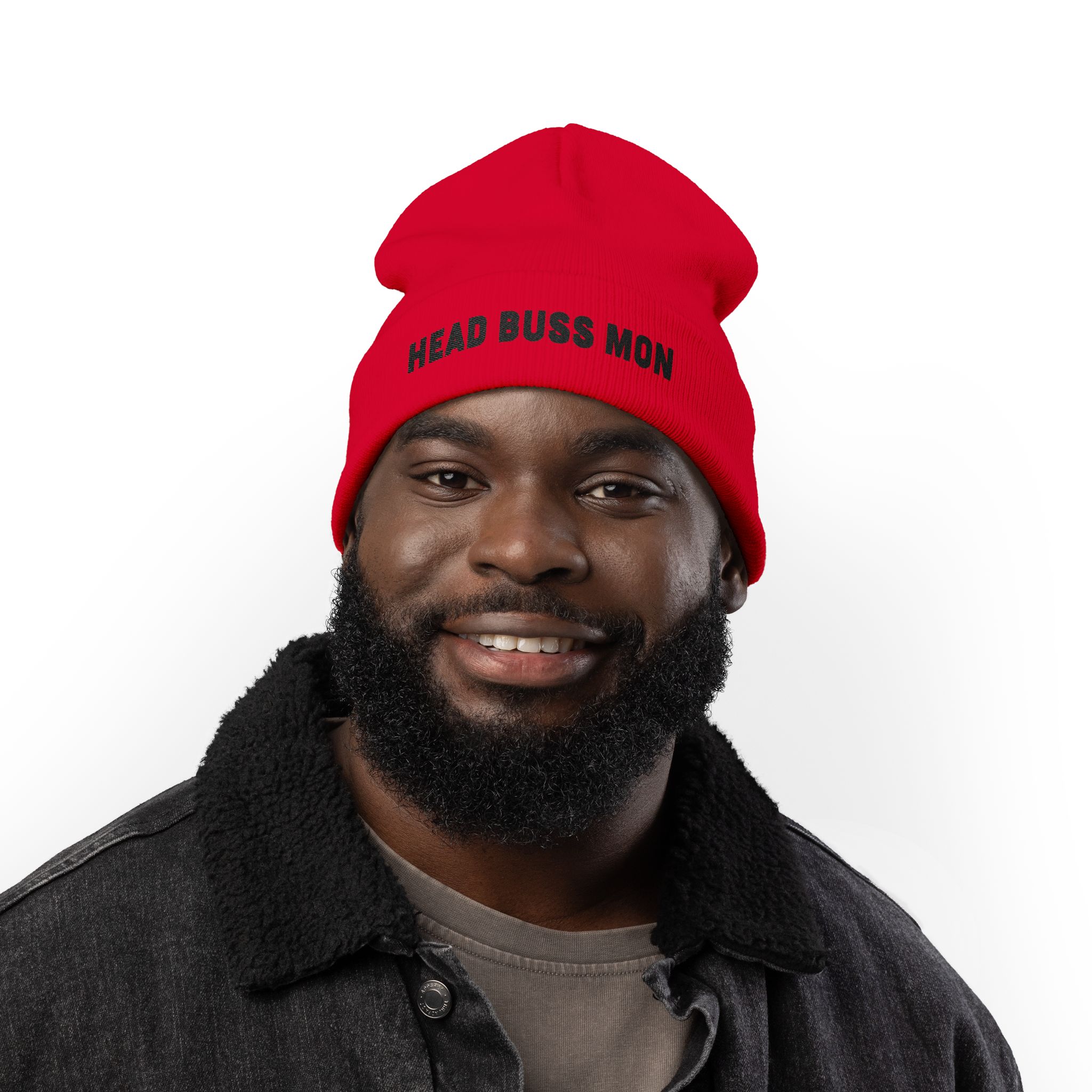 Head Buss Mon beanie, embroidered knit hat, Head Buss Mon meaning - greatness , nothing esle compare