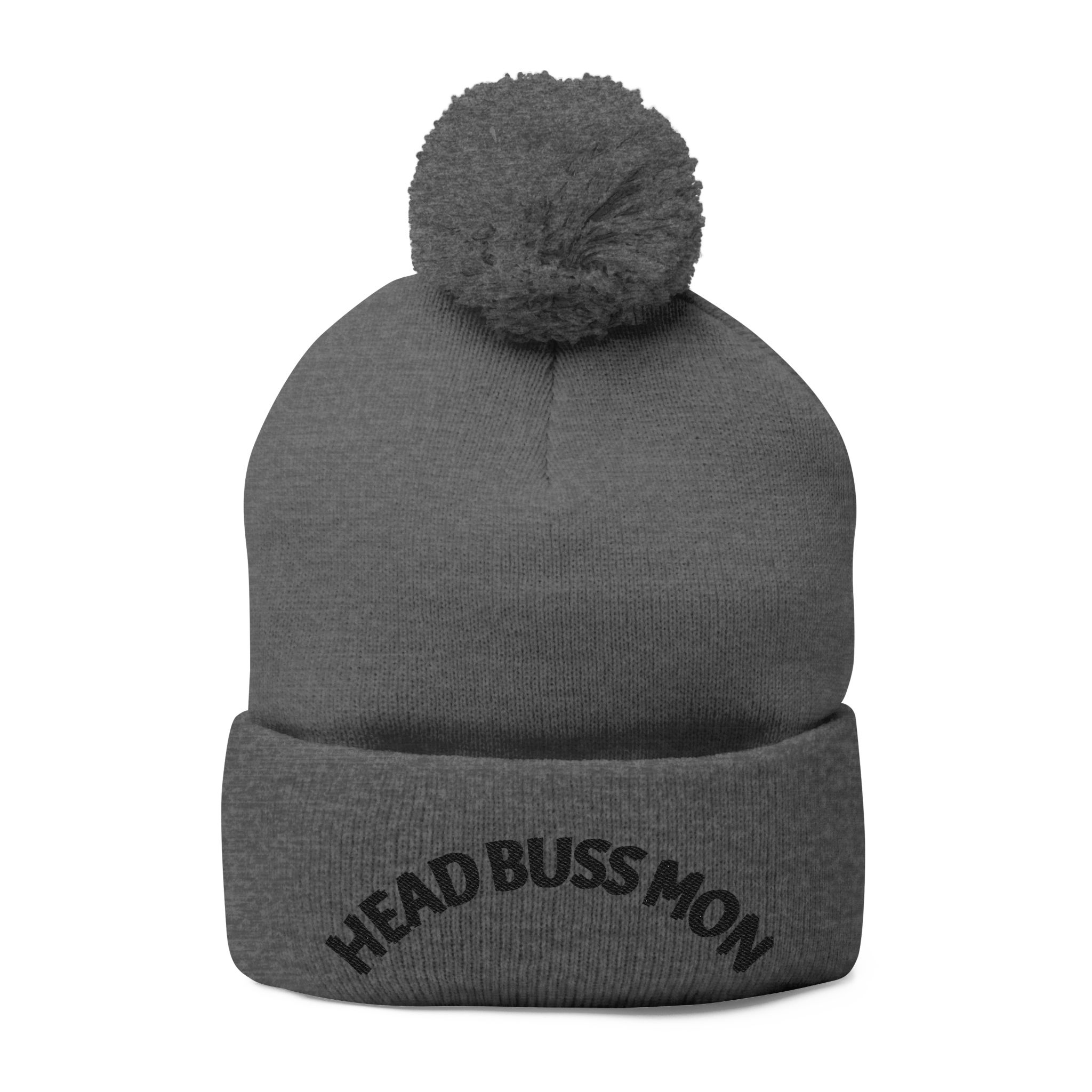 Embroidered Curved Text Pom-Pom Knit Cap | Head Buss Mon meaning - greatness , nothing esle compare - Image 22