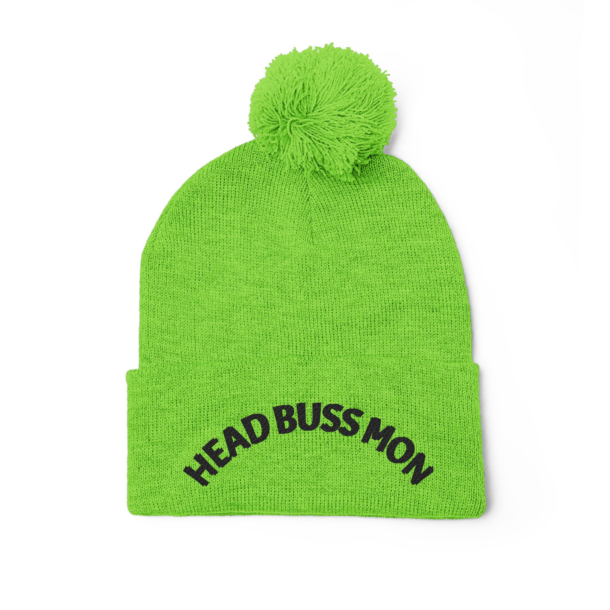 Embroidered Curved Text Pom-Pom Knit Cap | Head Buss Mon meaning - greatness , nothing esle compare - Image 36