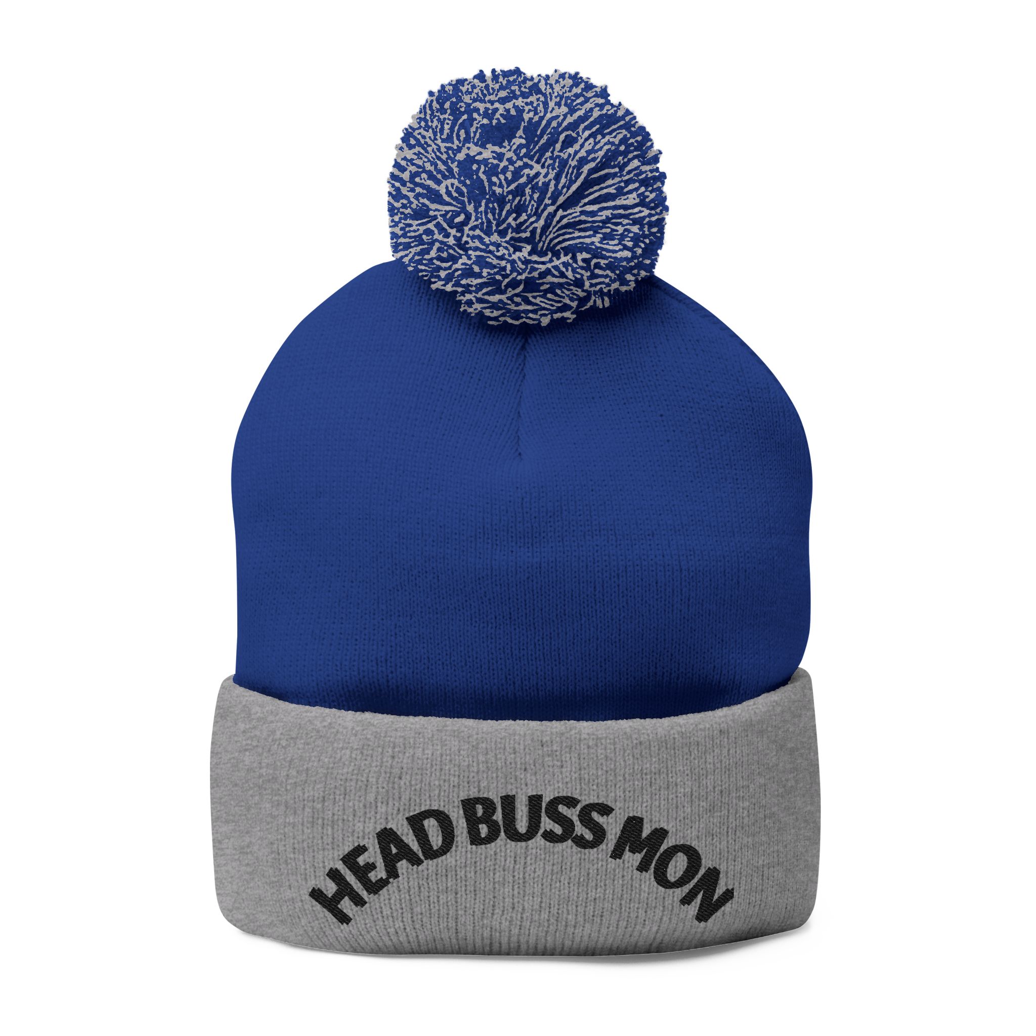 Embroidered Curved Text Pom-Pom Knit Cap | Head Buss Mon meaning - greatness , nothing esle compare - Image 6