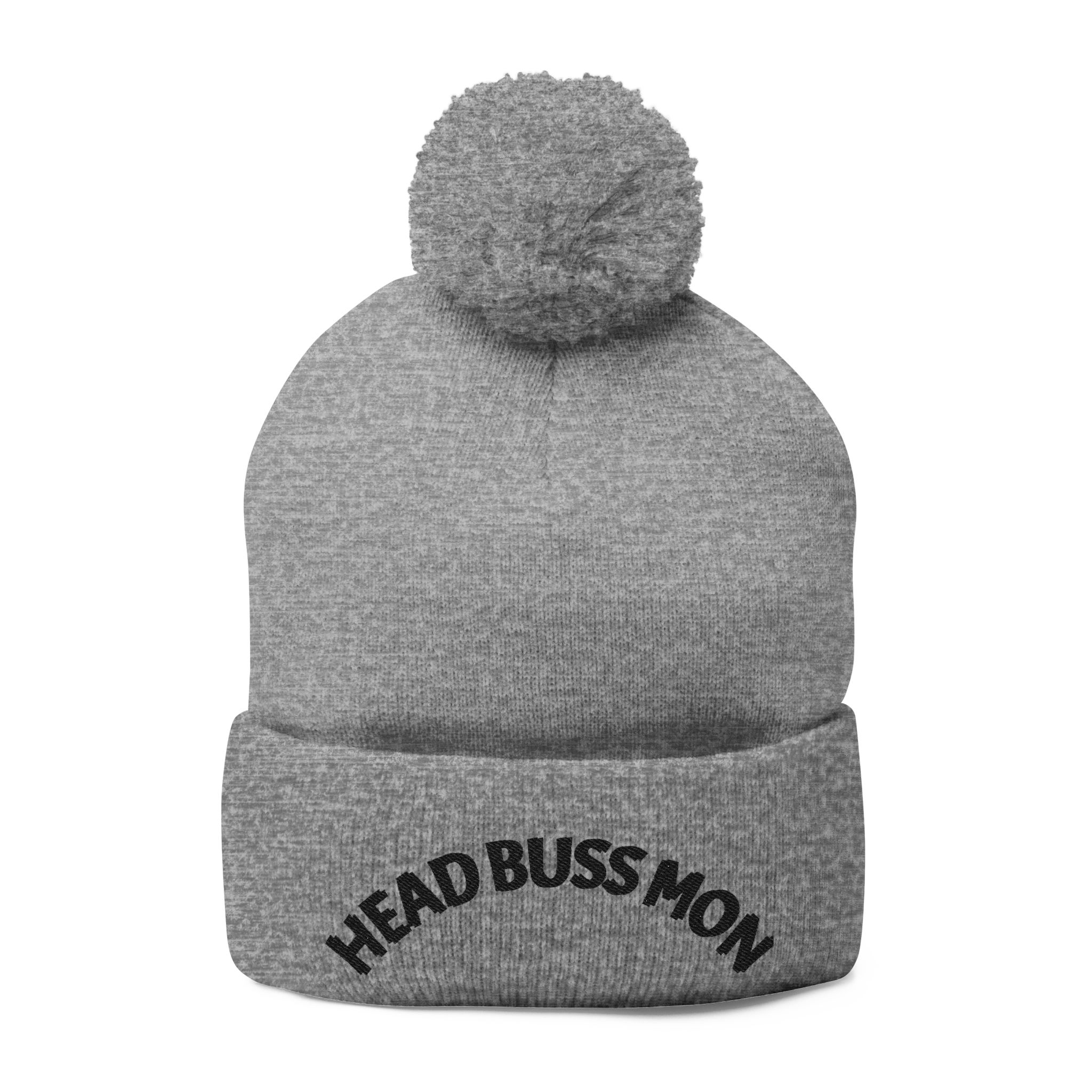 Embroidered Curved Text Pom-Pom Knit Cap | Head Buss Mon meaning - greatness , nothing esle compare
