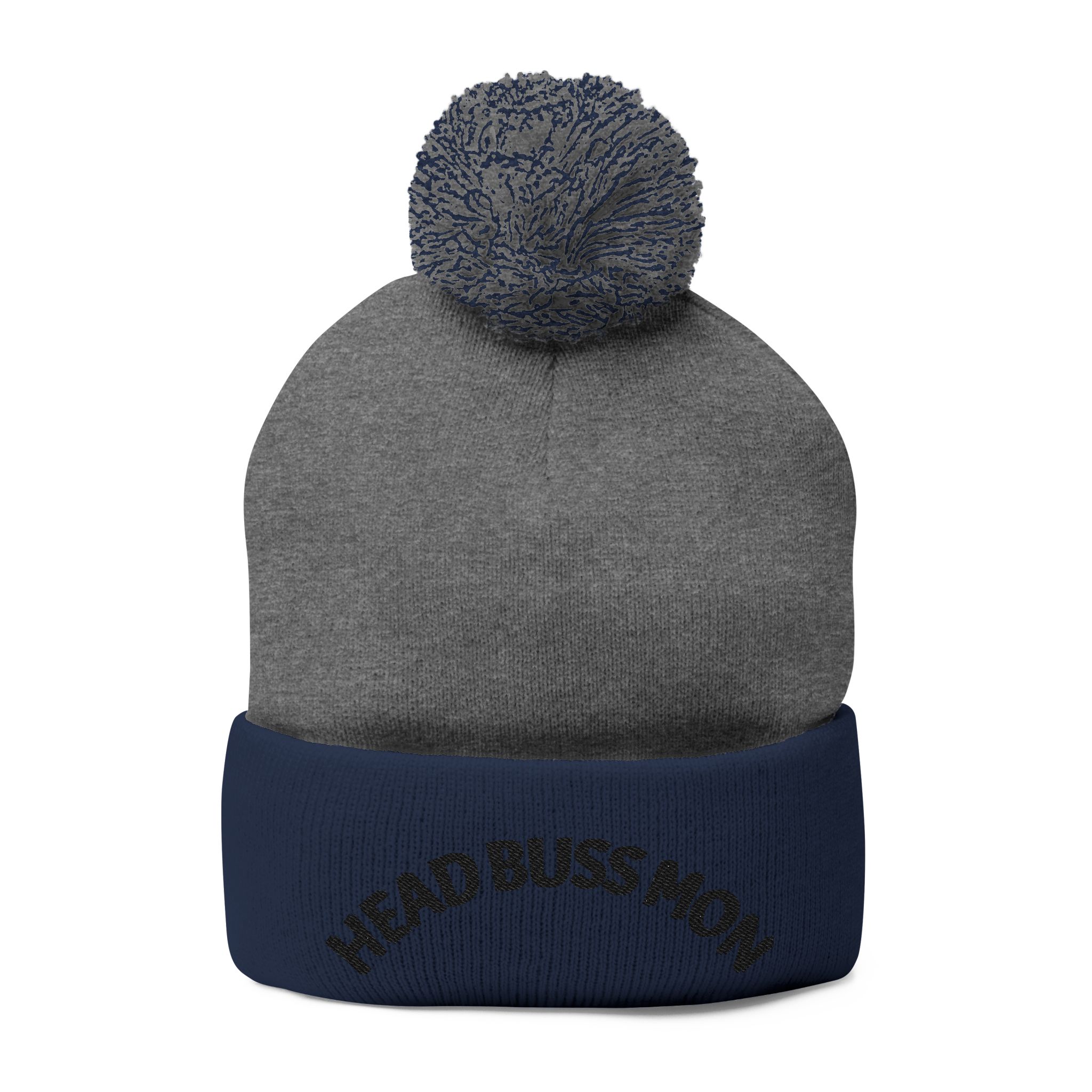 Embroidered Curved Text Pom-Pom Knit Cap | Head Buss Mon meaning - greatness , nothing esle compare - Image 26