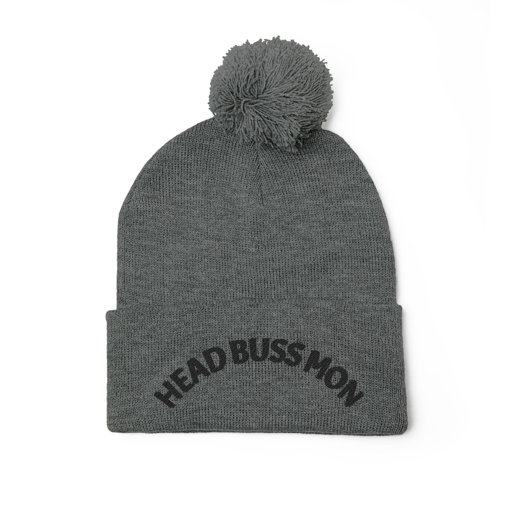Embroidered Curved Text Pom-Pom Knit Cap | Head Buss Mon meaning - greatness , nothing esle compare - Image 24