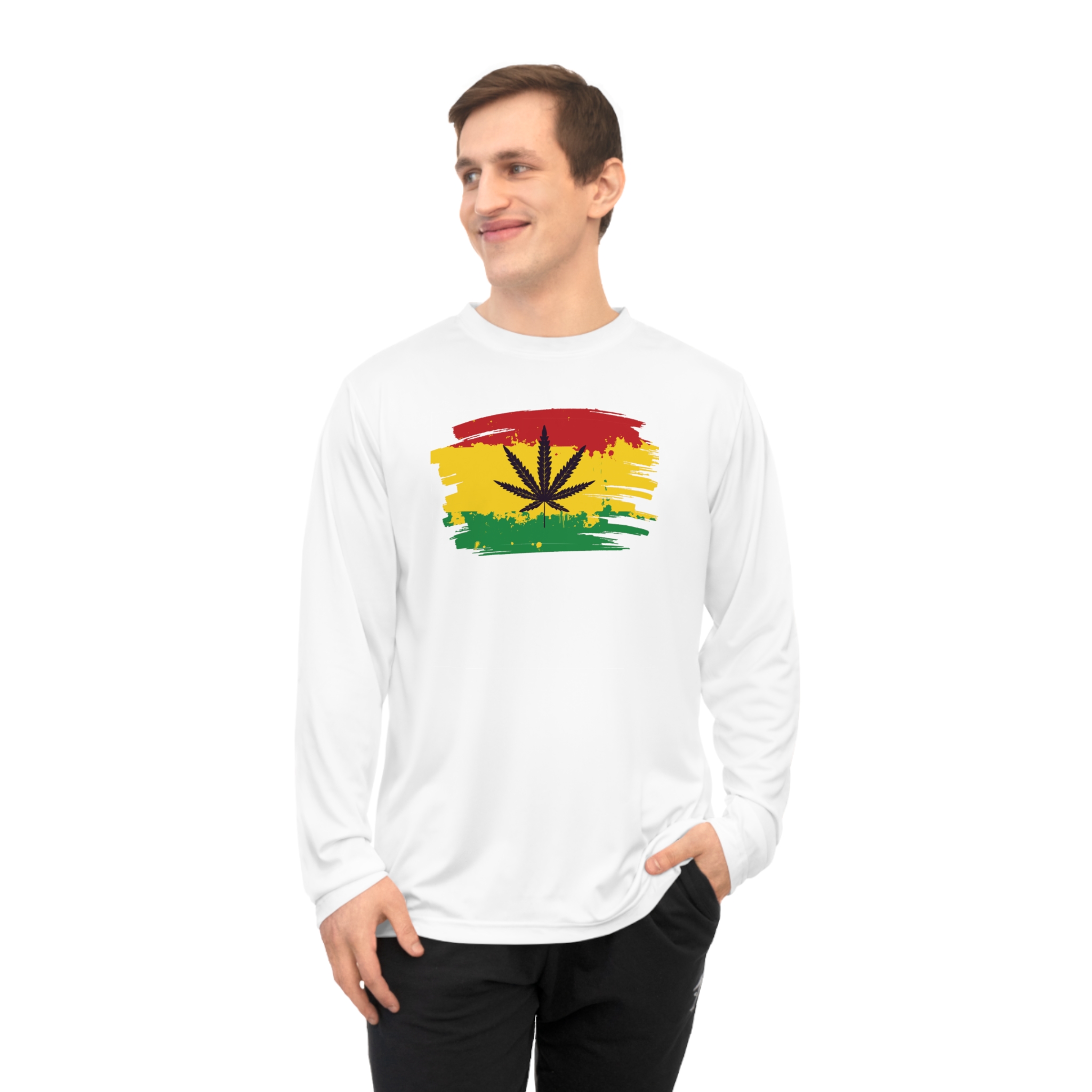 Rasta Brush-Stripe Cannabis Long Sleeve Shirt - Image 2