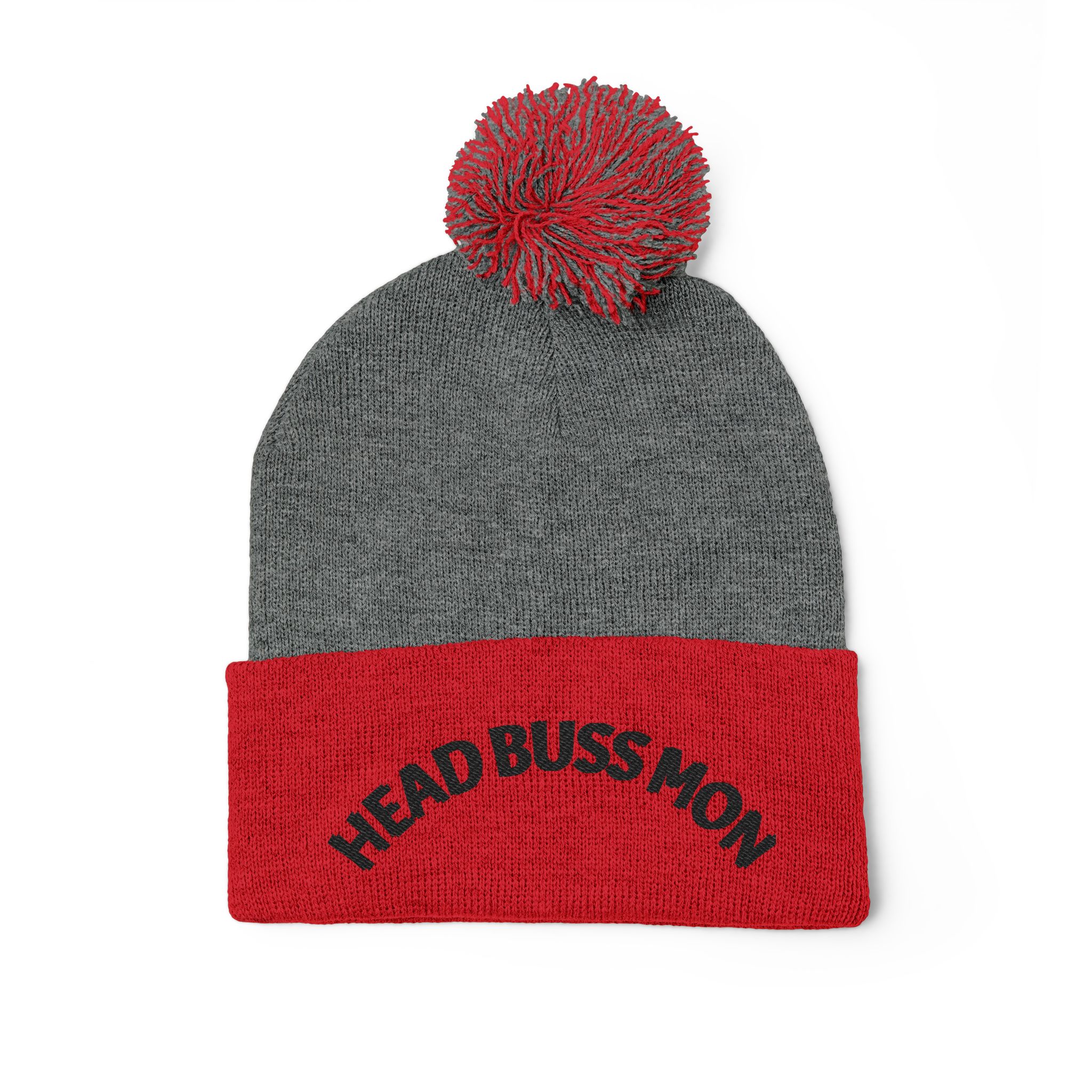 Embroidered Curved Text Pom-Pom Knit Cap | Head Buss Mon meaning - greatness , nothing esle compare - Image 32