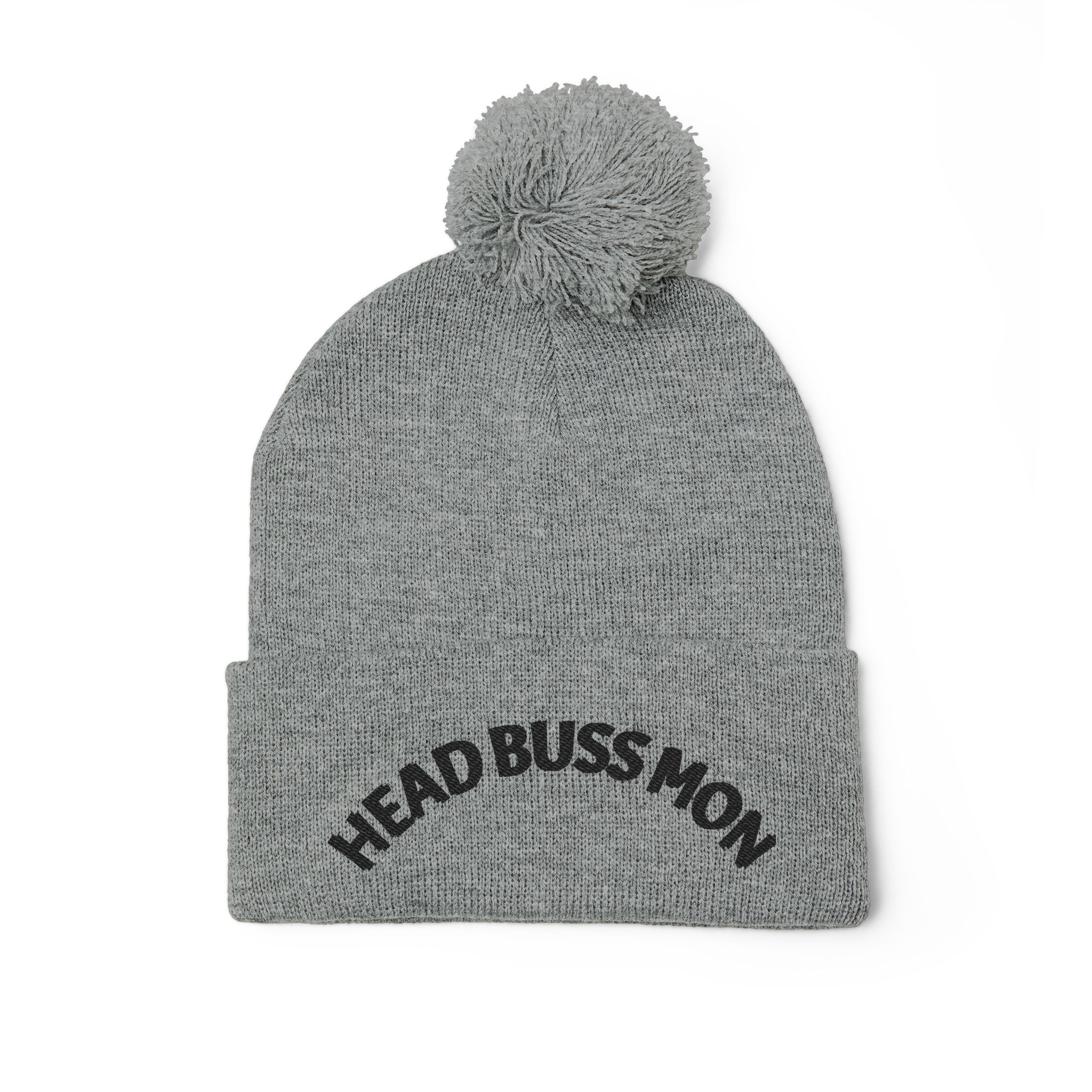 Embroidered Curved Text Pom-Pom Knit Cap | Head Buss Mon meaning - greatness , nothing esle compare - Image 3