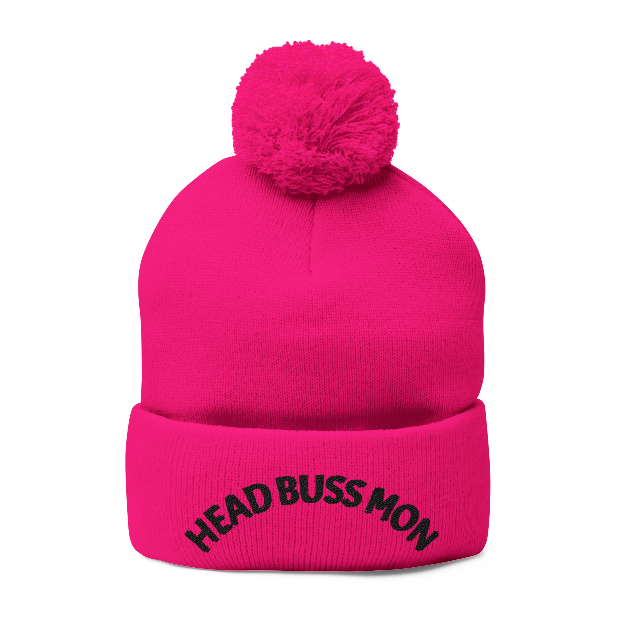 Embroidered Curved Text Pom-Pom Knit Cap | Head Buss Mon meaning - greatness , nothing esle compare - Image 42