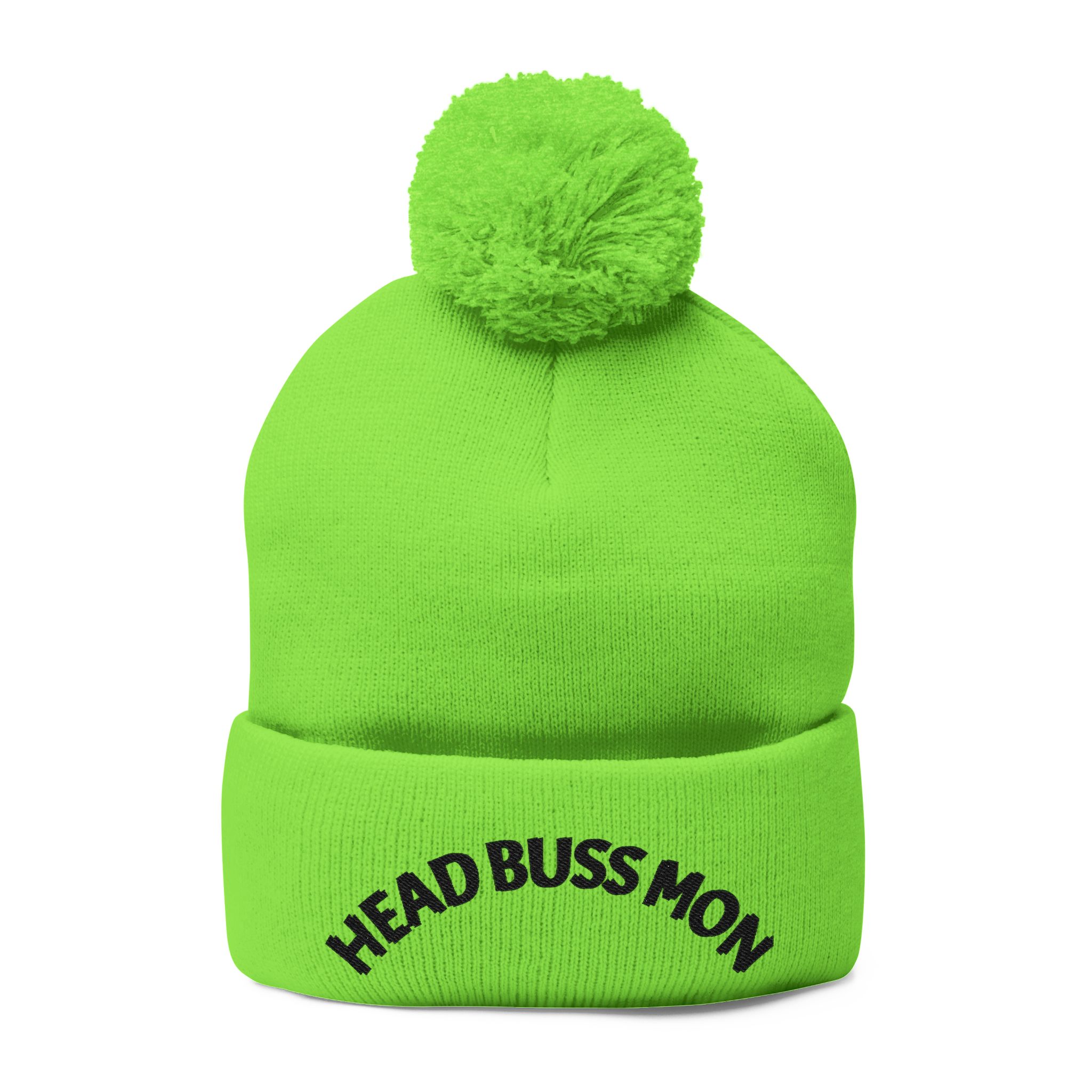 Embroidered Curved Text Pom-Pom Knit Cap | Head Buss Mon meaning - greatness , nothing esle compare - Image 34