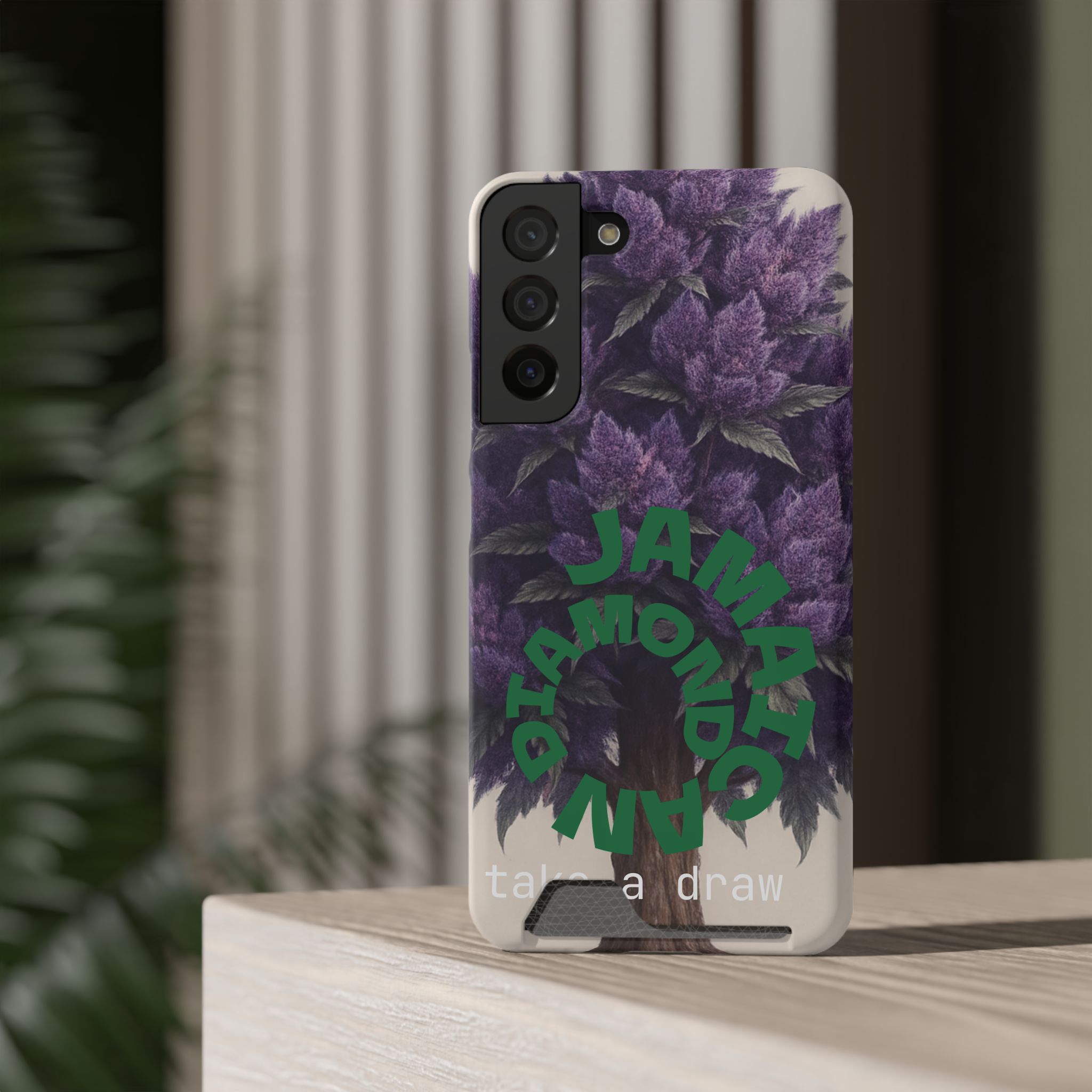 Purple bud weed Tree Phone Case | Card Holder, Green Circular Text - Image 29